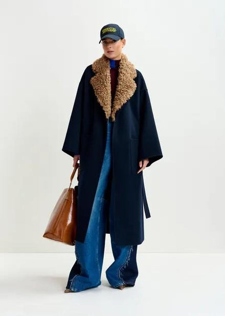 IRNO FAUX FUR COLLAR COAT/ NAV